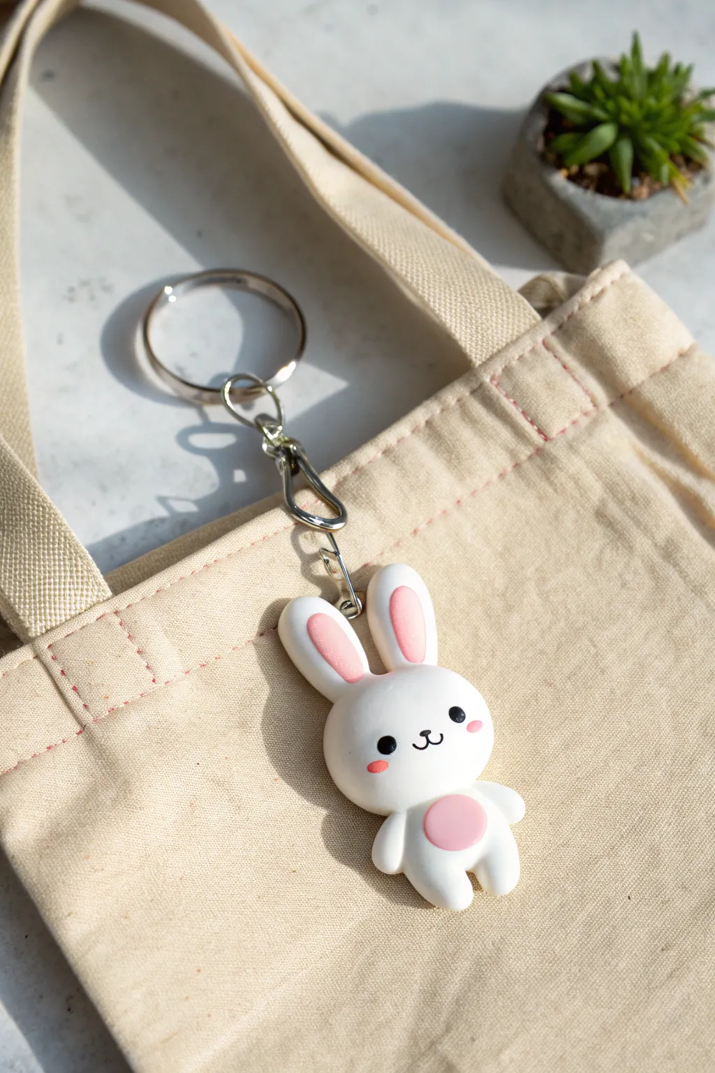 Kawaii bunny polymer clay keychain with blush cheeks, minimalist and boho on neutral tote.