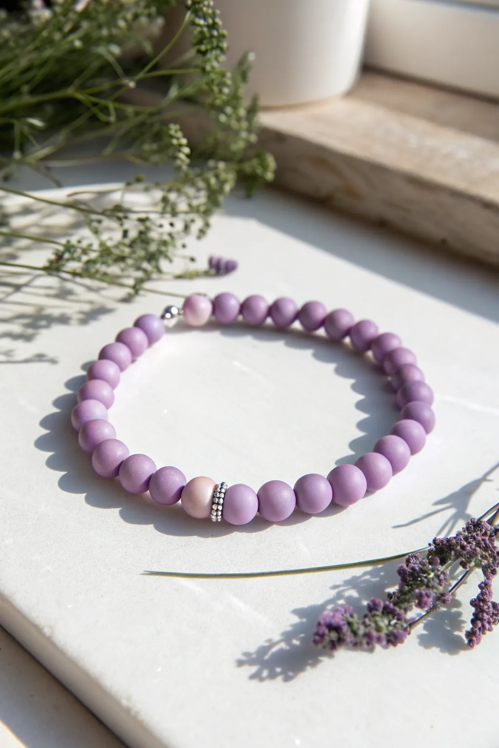 All-lilac clay bead bracelet in a clean minimalist circle, soft light, airy everyday style