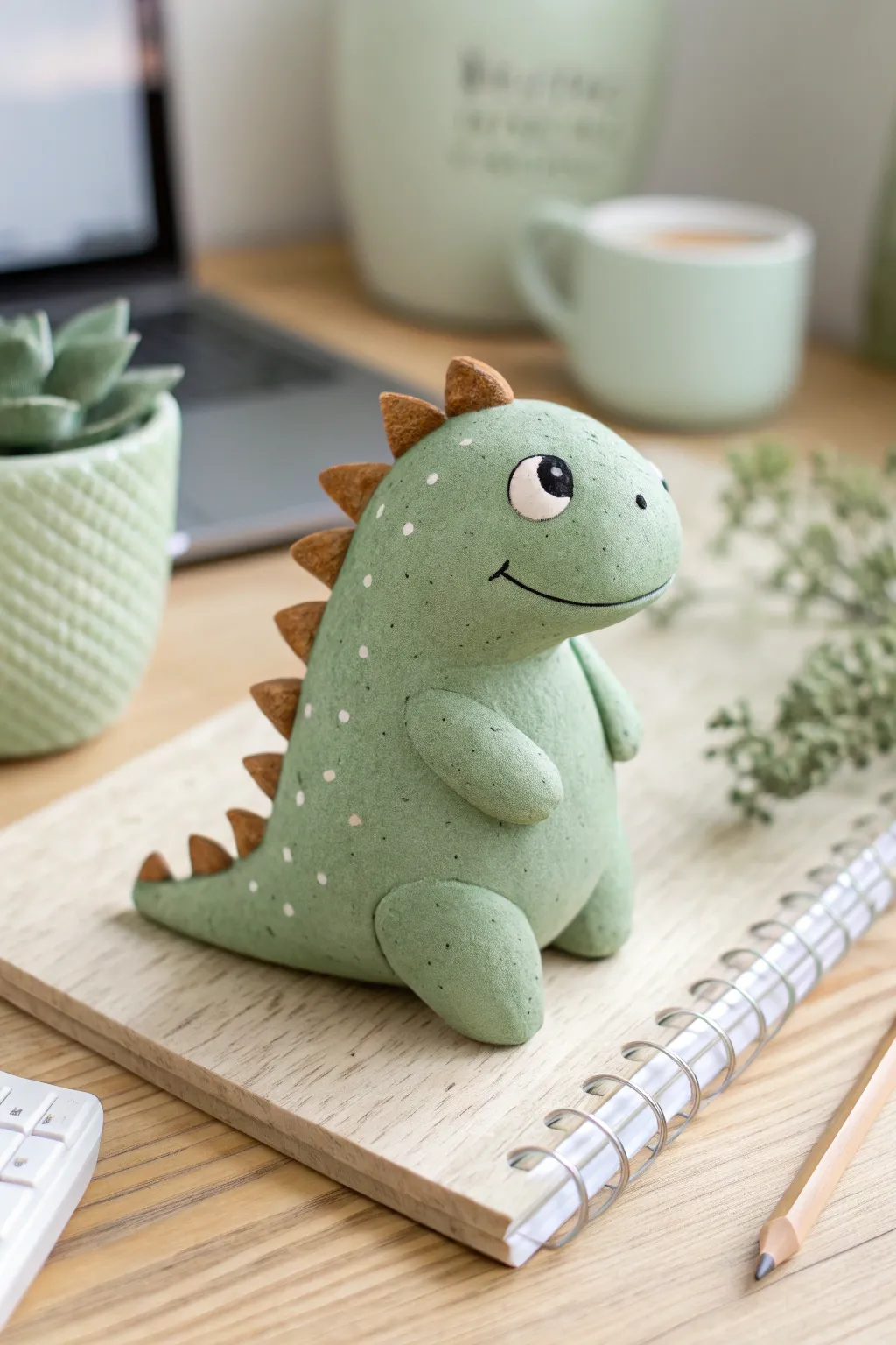 Chubby clay dino desk buddy in soft sage tones, a cute minimalist companion for your workspace