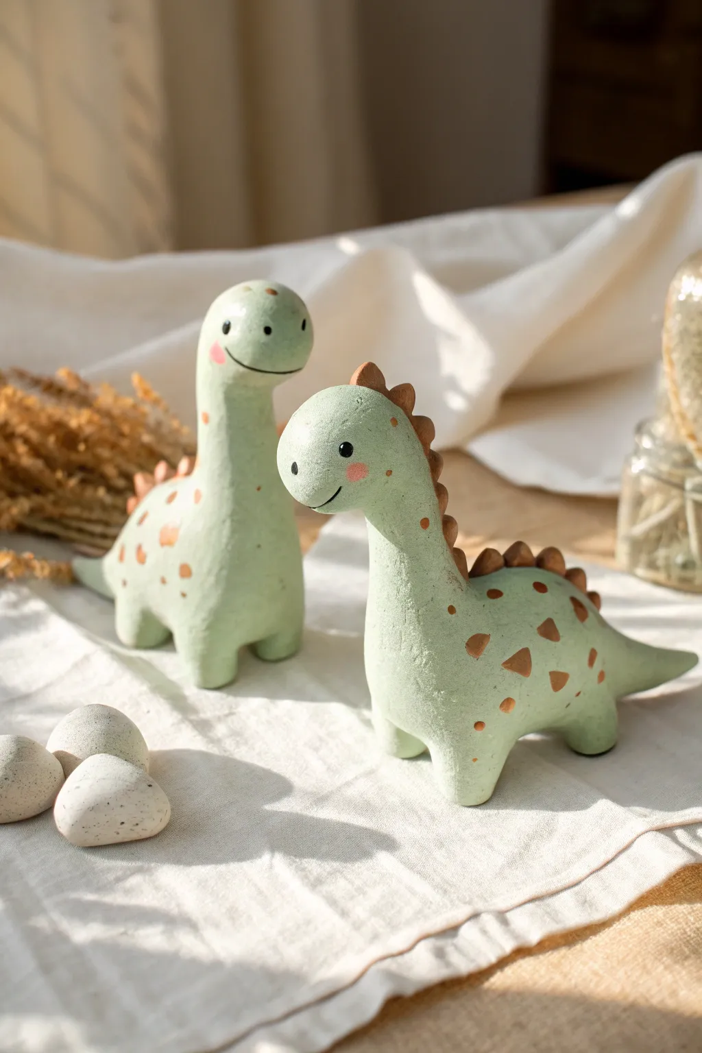 Tiny speckled dino besties with rosy cheeks, a sweet minimalist air dry clay duo set