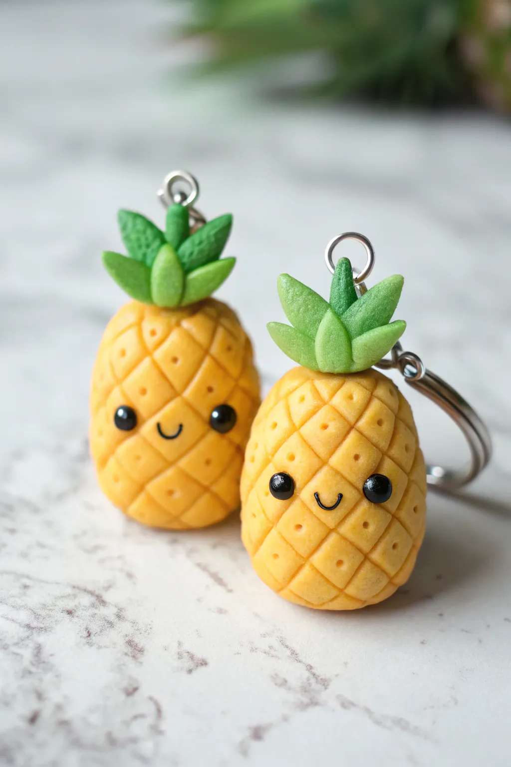 Two tiny pineapple clay cuties, one standing and one charm, for sweet summer decor vibes