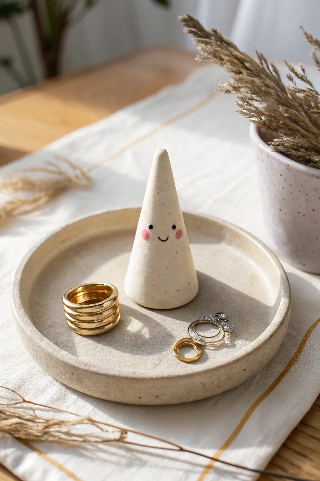 Sweet clay ring cone with a cute face and blush, styled simply for a calm minimalist look