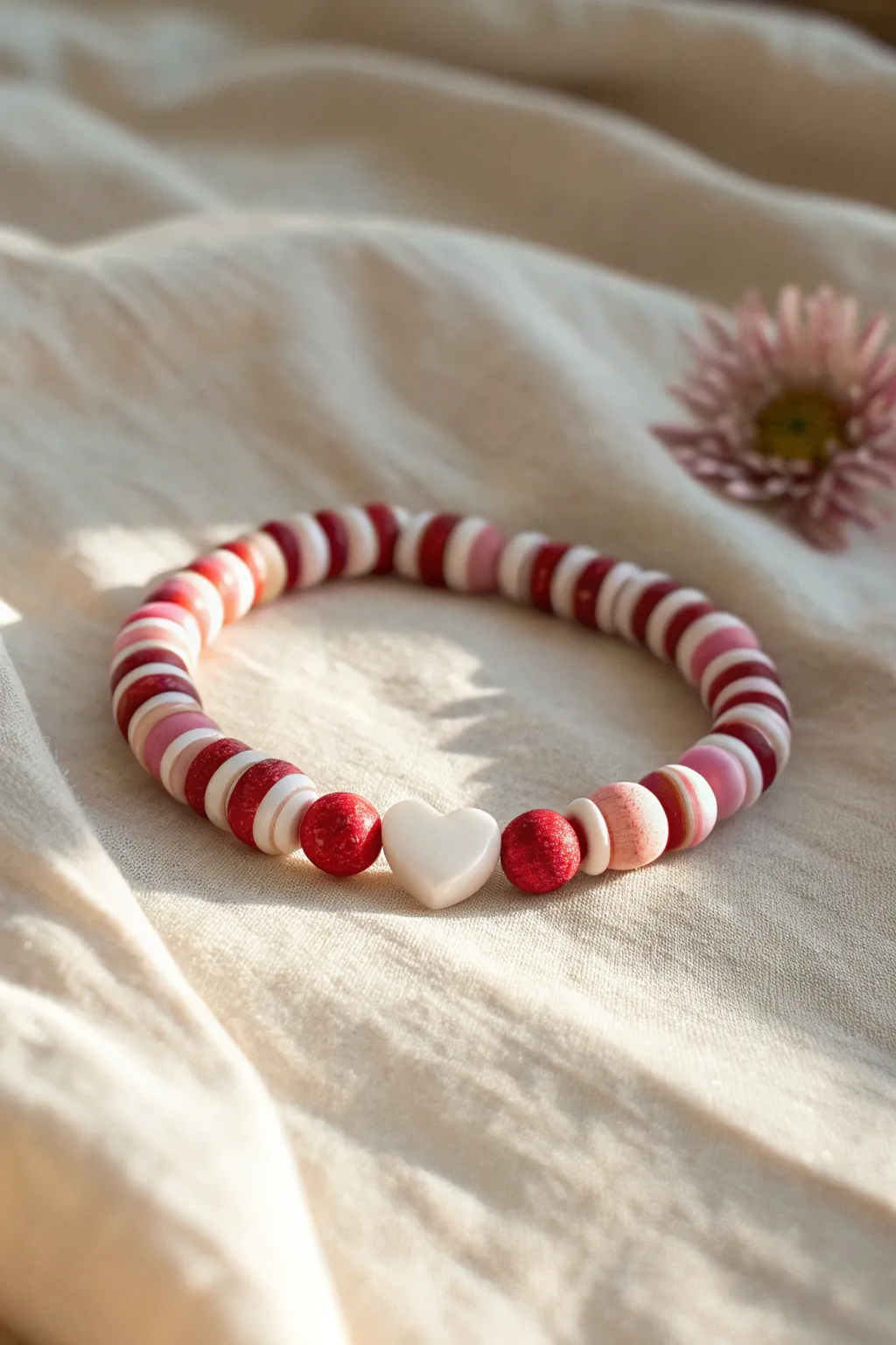 Classic red, white, and pink striped clay bead bracelet with a sweet heart bead centerpiece.