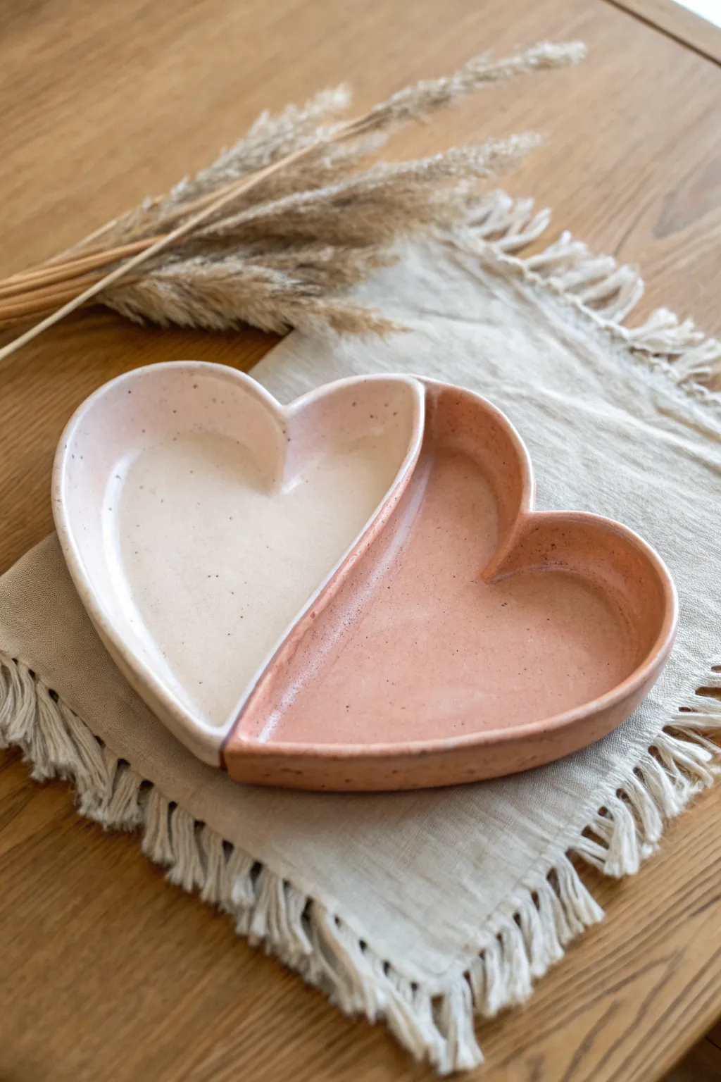 Two halves, one heart keepsake dish, perfect beginner date night clay project idea.