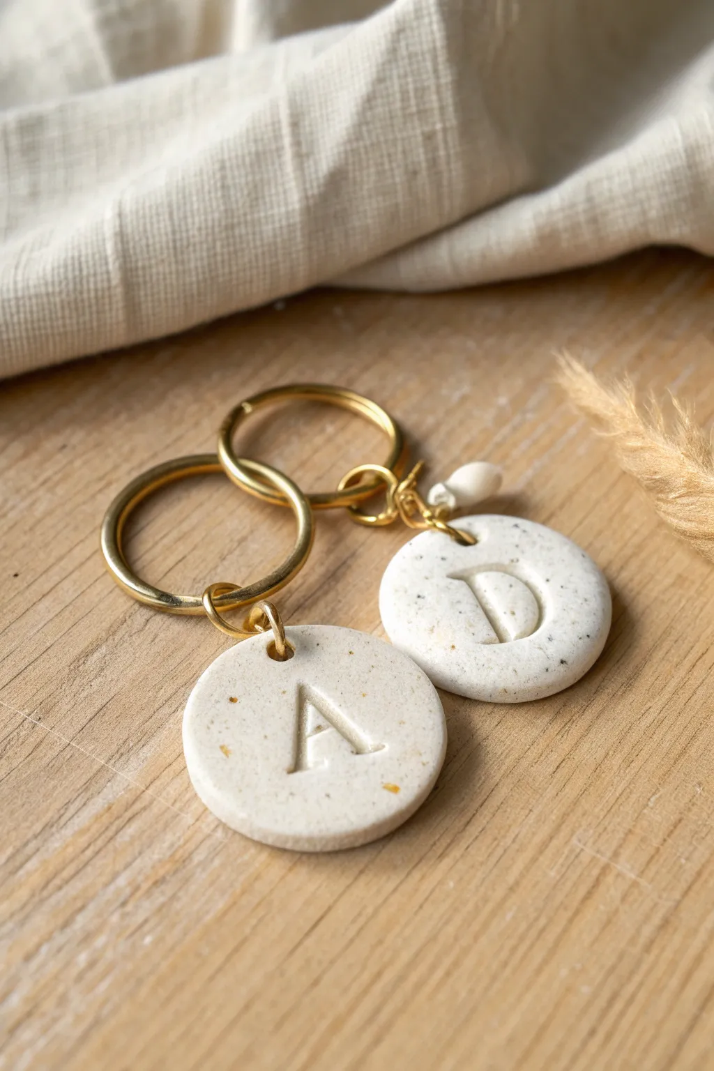 Sweet date-night craft: two chunky clay initial charms on a simple keyring, minimalist and cozy.