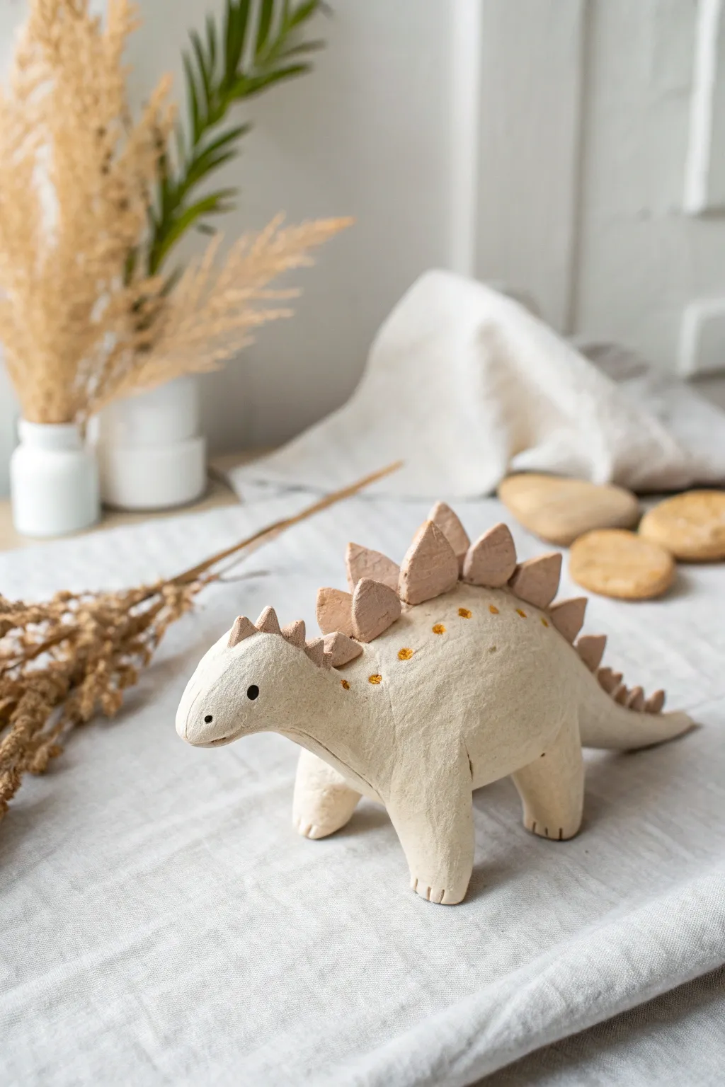 Sweet minimalist stegosaurus clay figure with bold back plates in soft pastel contrast.