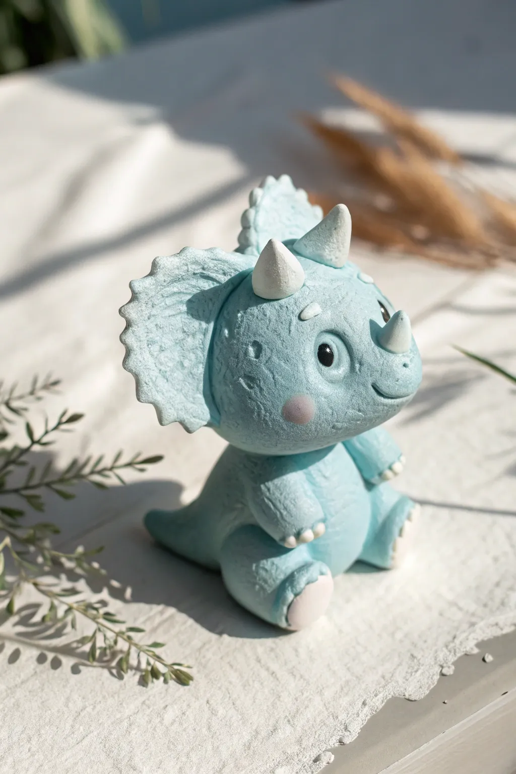 Make a sky-blue baby triceratops with soft horns—minimal, kawaii, and beginner-friendly.