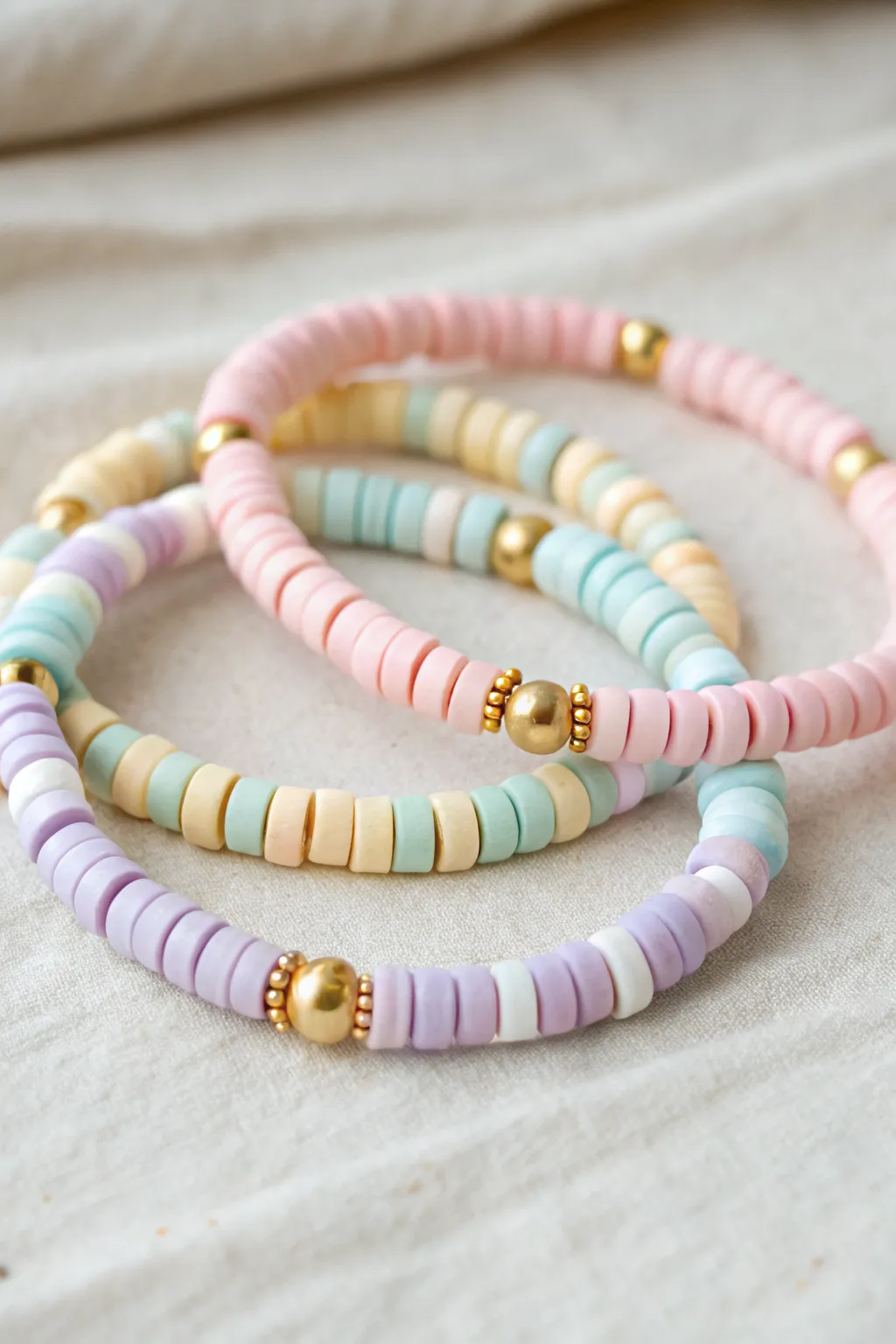 Sweet pastel heishi stripes in a simple stacked bracelet set, minimal, handmade, and airy