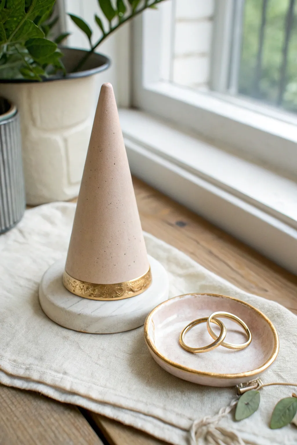 Minimal clay ring cone with matching dish, finished with a delicate gold rim for gifting.