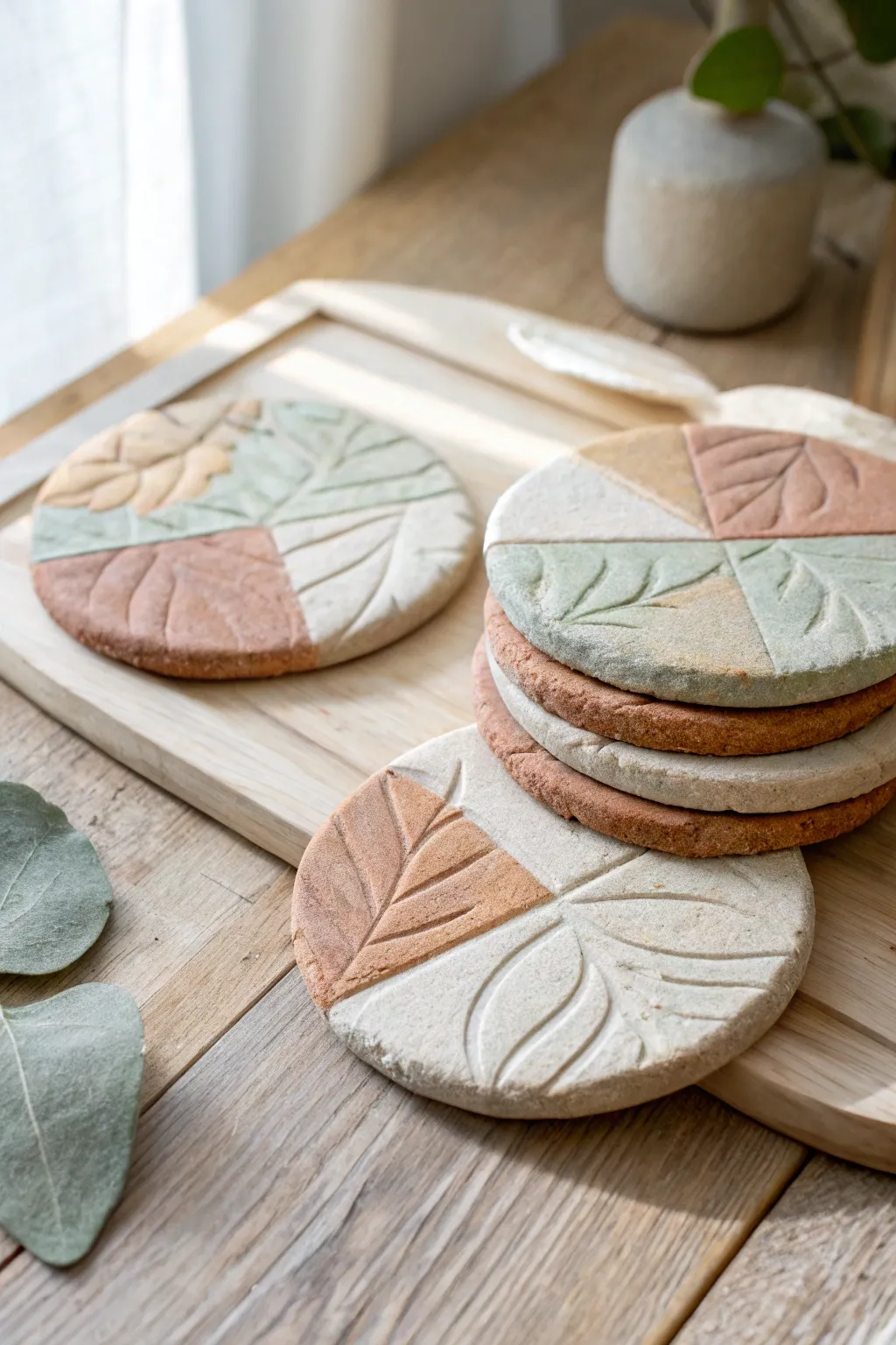 Minimal clay coasters with soft pressed texture in earthy tones, stacked on light wood