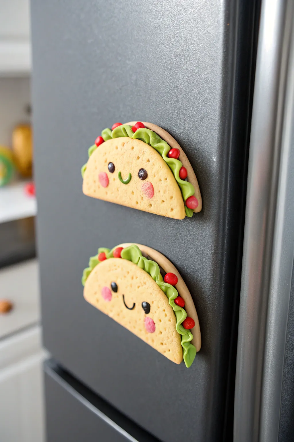 Adorable DIY clay taco magnets with simple smiles, styled minimal on a dark fridge for contrast.