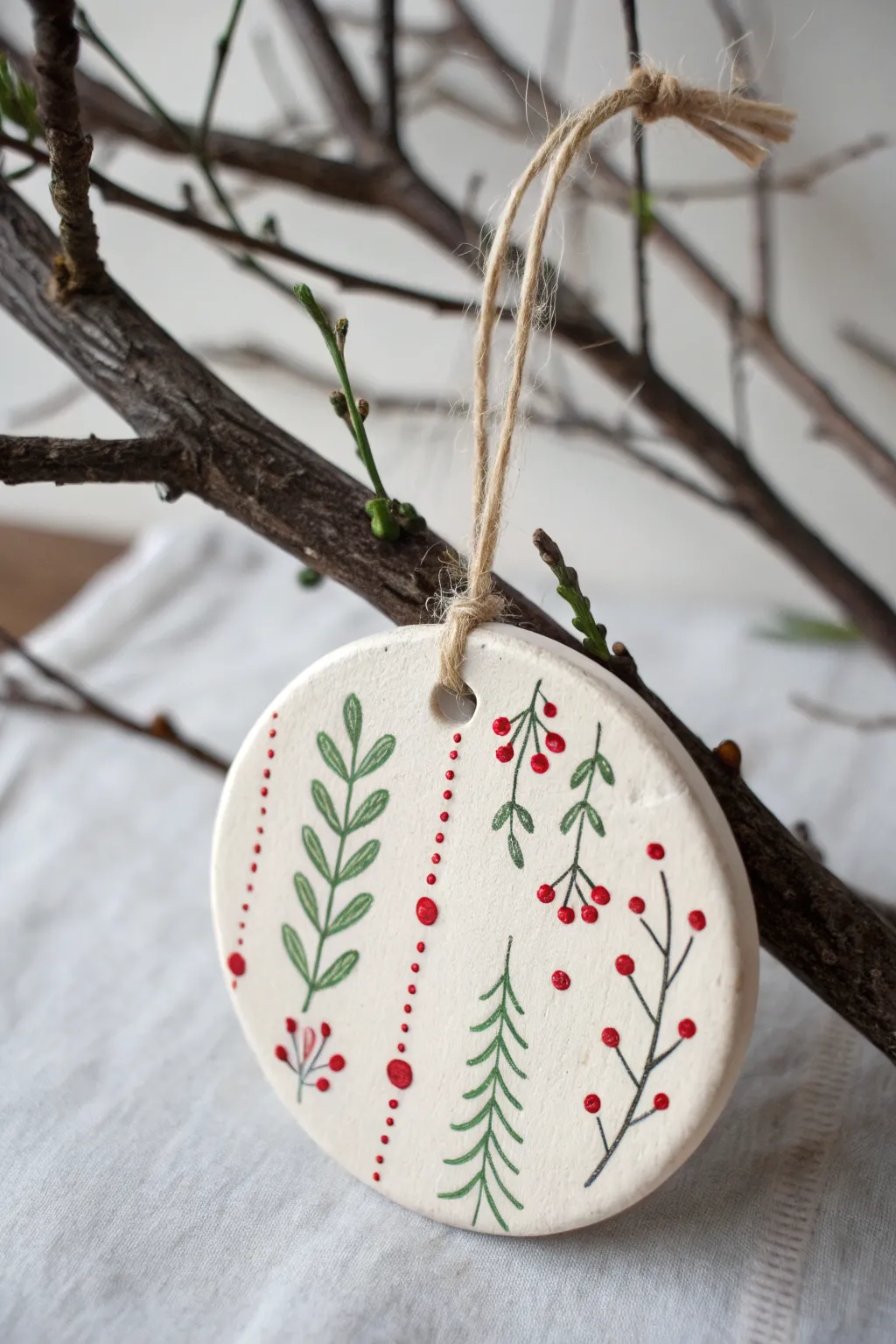 Simple painted clay ornament disc with folk dots and berries, minimal and festive on a branch.