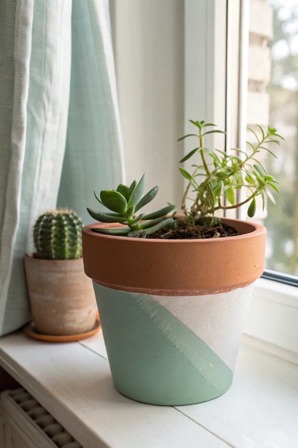 Simple two-tone dipped planter on a sunny sill, natural clay paired with muted color