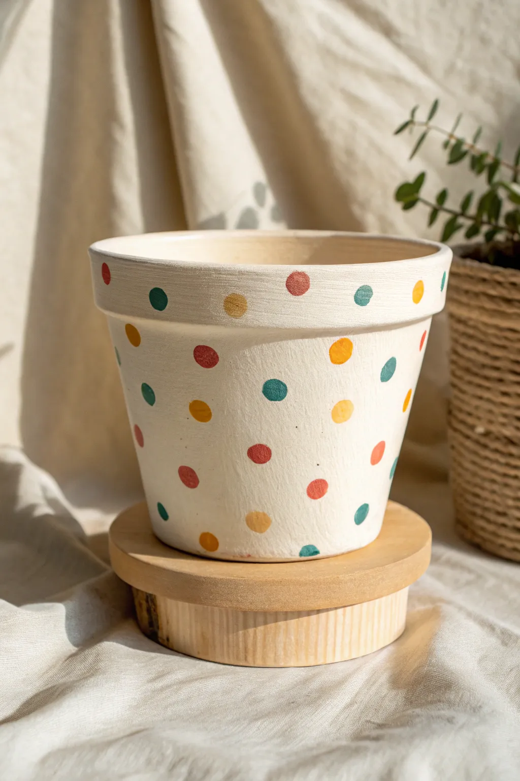Playful mixed-size polka dots bring a modern pop to a simple terracotta pot.