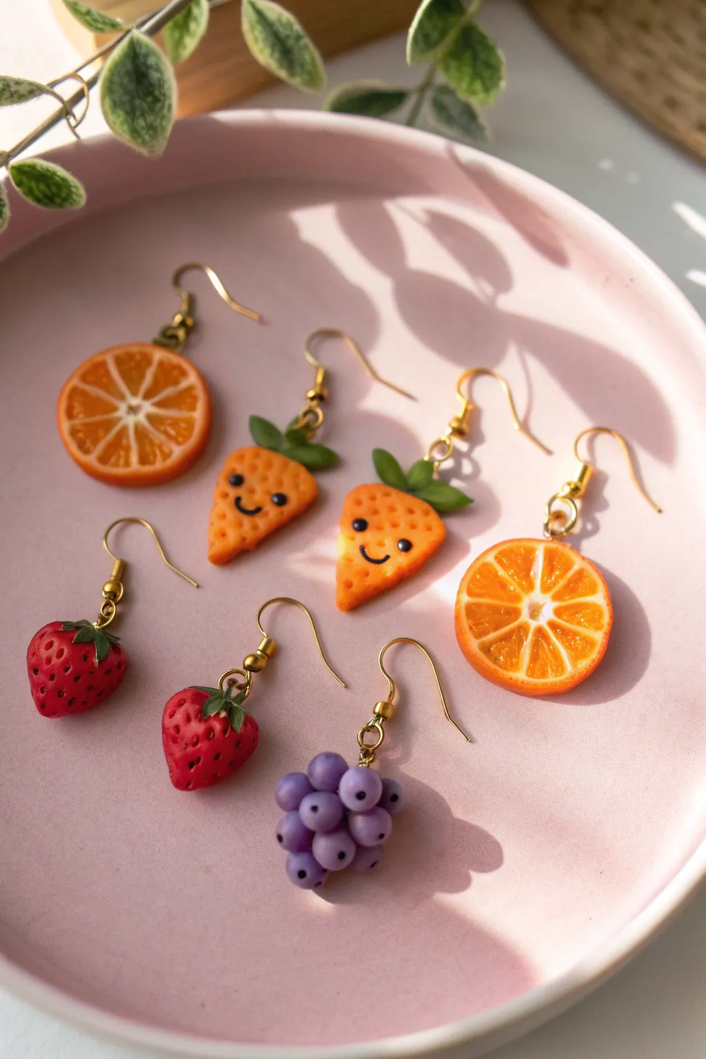 Kawaii fruit earring set in pastel tones, minimalist Scandinavian styling with a sweet boho touch.