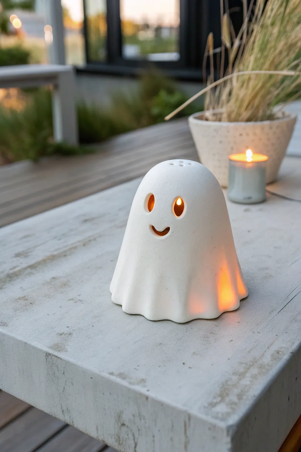 Cute white clay ghost tea light cover with a warm glow for minimalist, cozy Halloween vibes