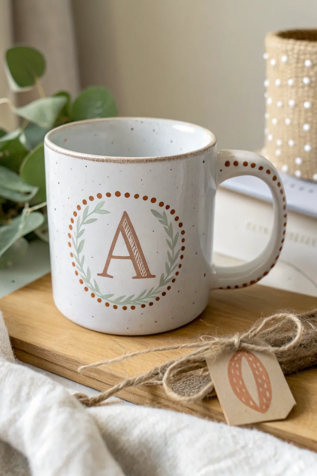 Simple monogram mug with dotted halo in earthy tones, a sweet DIY gift with minimalist charm.