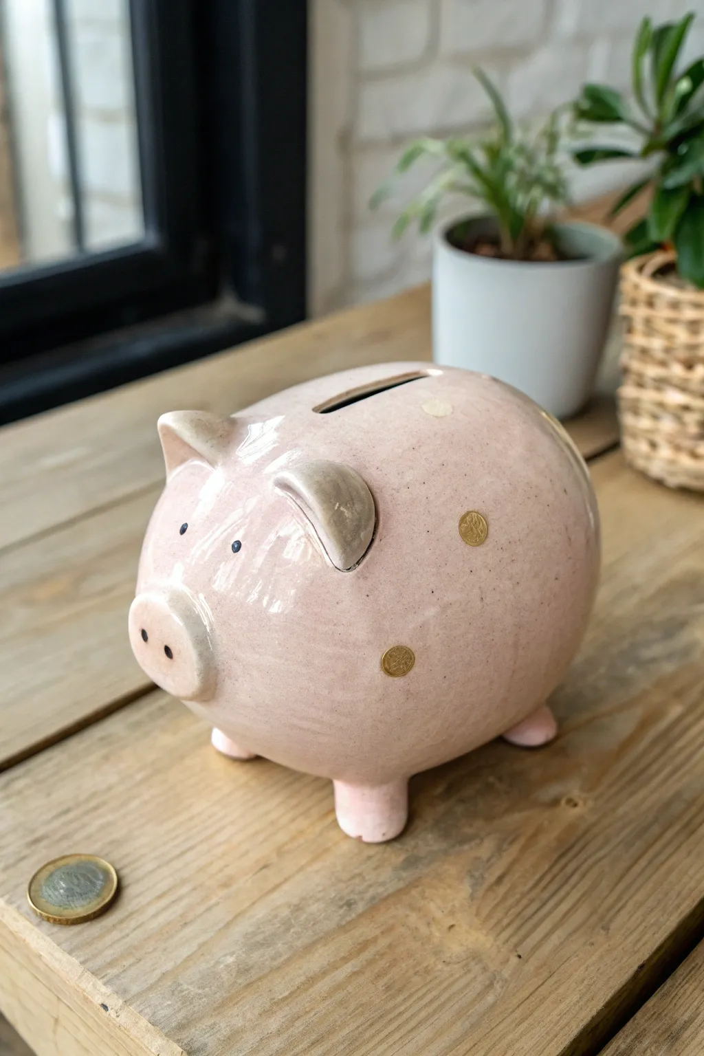 Chubby pink pinch-pot piggy bank with a coin slot and sweet snout, minimalist and cozy.