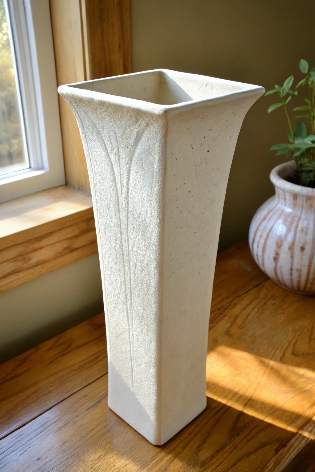 Softly draped corner vase in matte stoneware, minimalist and airy with gentle shadow play.