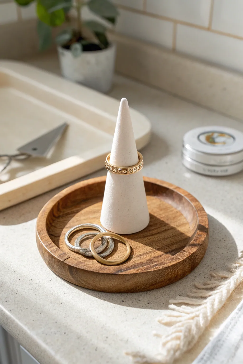 Minimal cone air-dry clay ring holder with matte finish and simple stacked rings