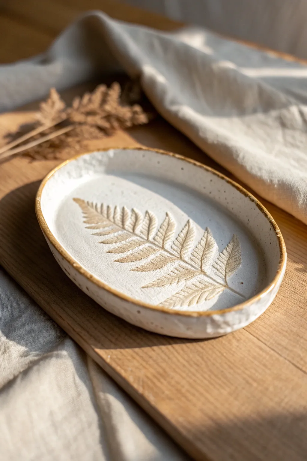 Minimal air-dry clay ring tray with leaf imprint, matte white and soft gold edge glow.