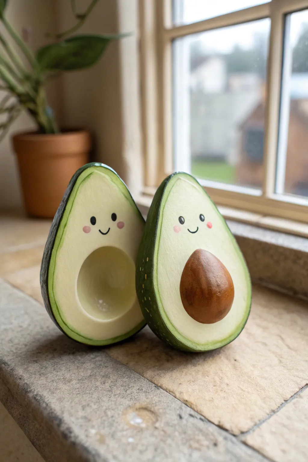 Sweet clay avocado duo, leaning close like a couple, minimal Scandinavian style with boho warmth
