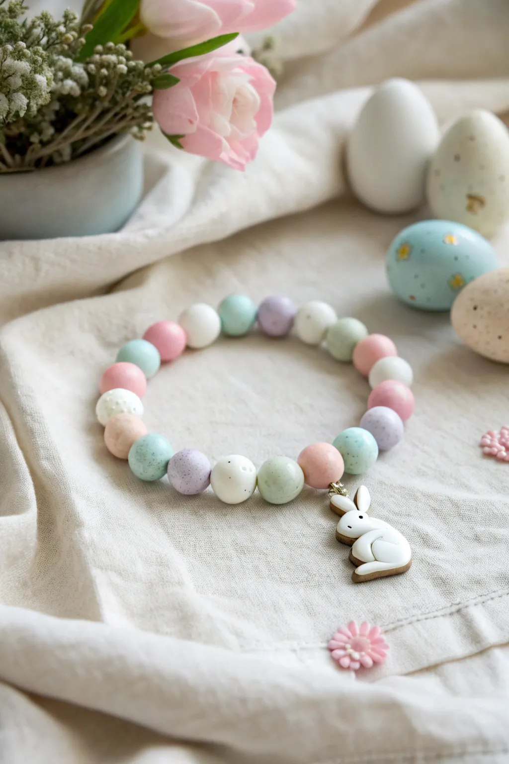 Pastel clay bead bracelet with a sweet bunny charm, styled with one painted Easter egg.