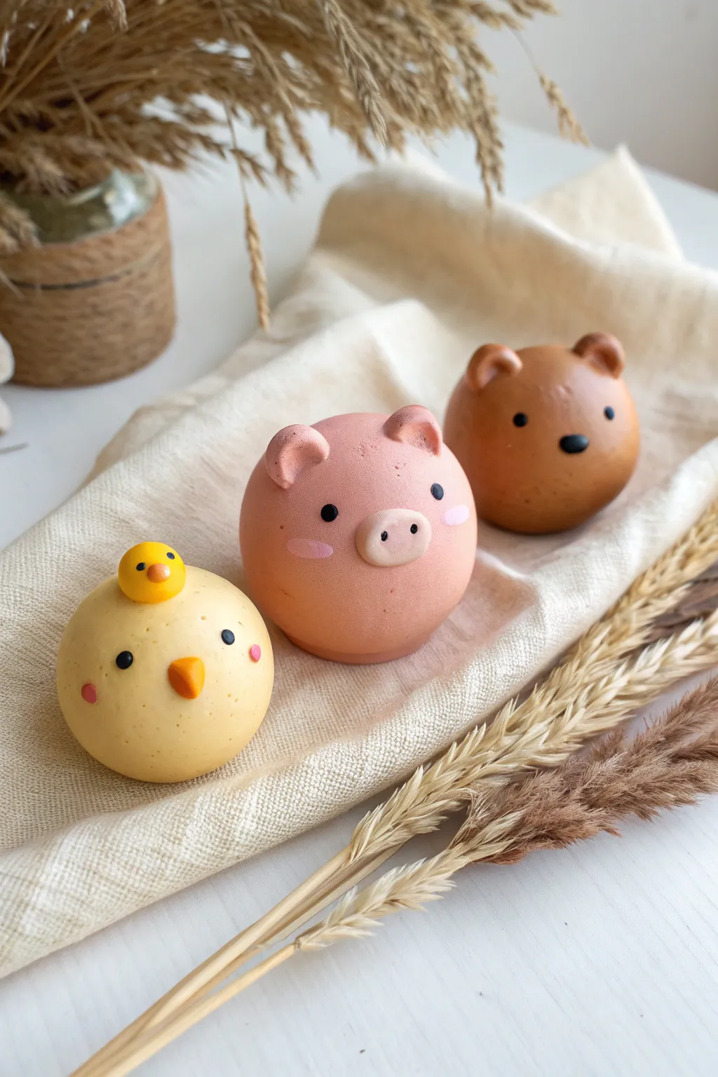 Three easy round clay animals in bright colors, minimalist and perfect for kid-friendly crafting
