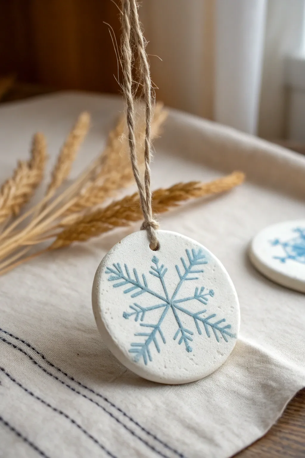 Minimal snowflake clay ornament in white and pale blue, a cozy Scandinavian Christmas touch.