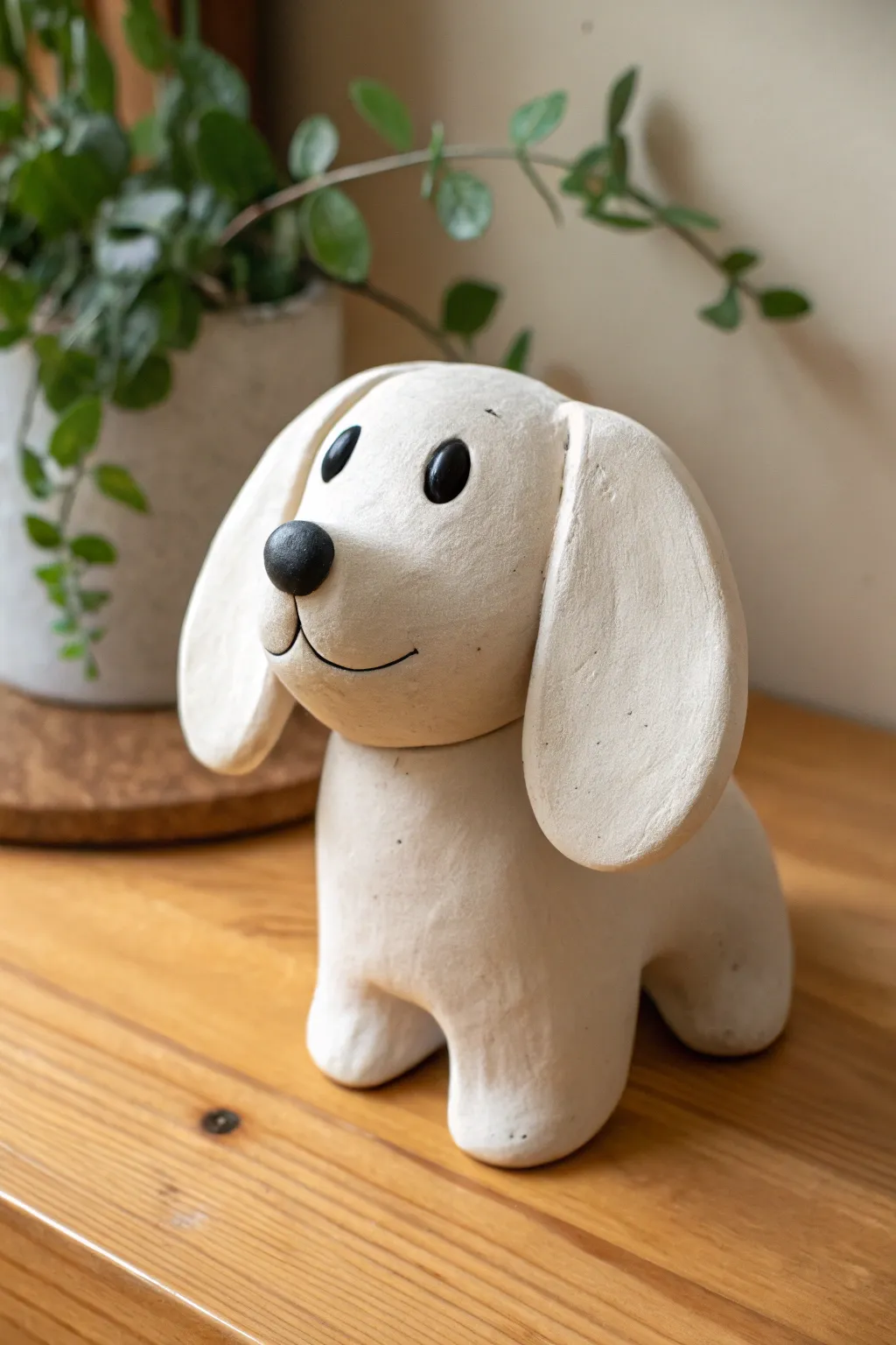 Chunky air dry clay puppy with floppy ears on warm wood, simple smile, cozy minimalist styling.