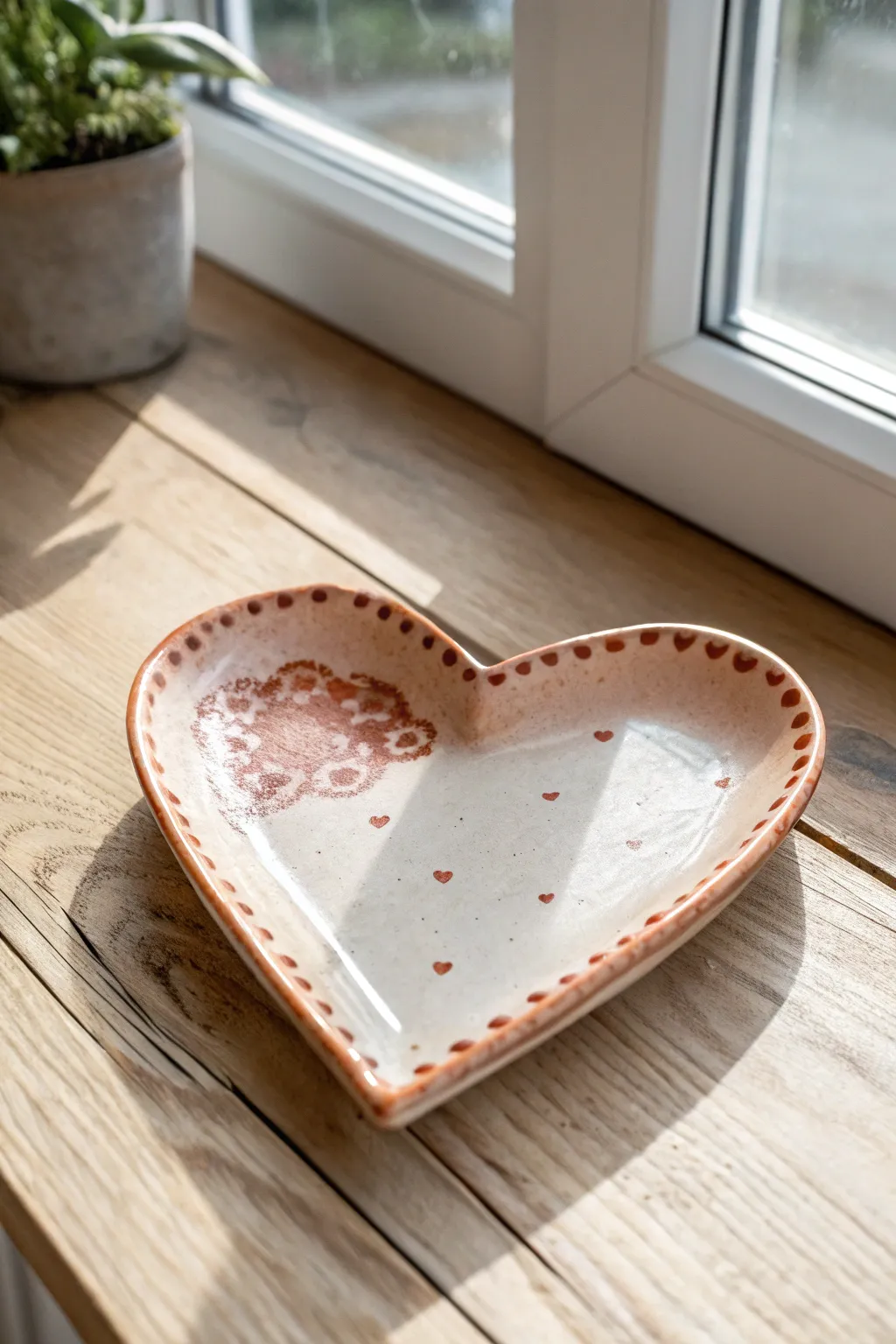 Beginner-friendly heart jewelry tray in glossy air dry clay, minimal and sweet on light wood