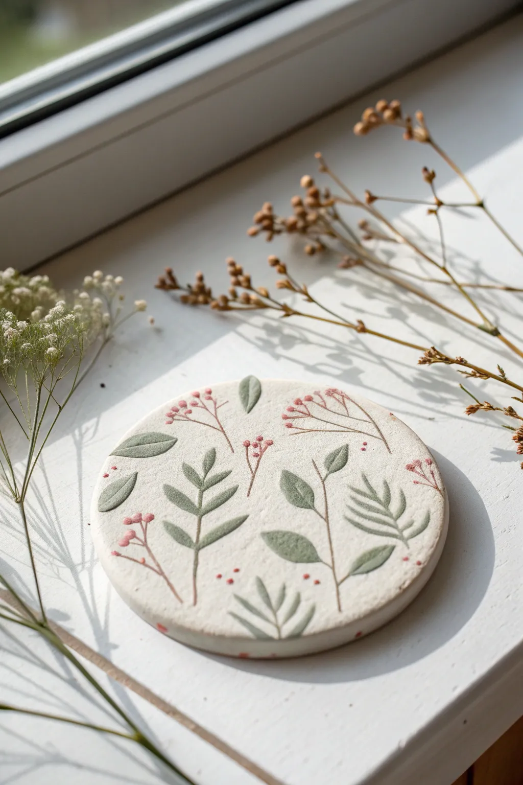 Simple nature-imprint air dry clay tile with soft paint accents, perfect for kid-friendly crafting.