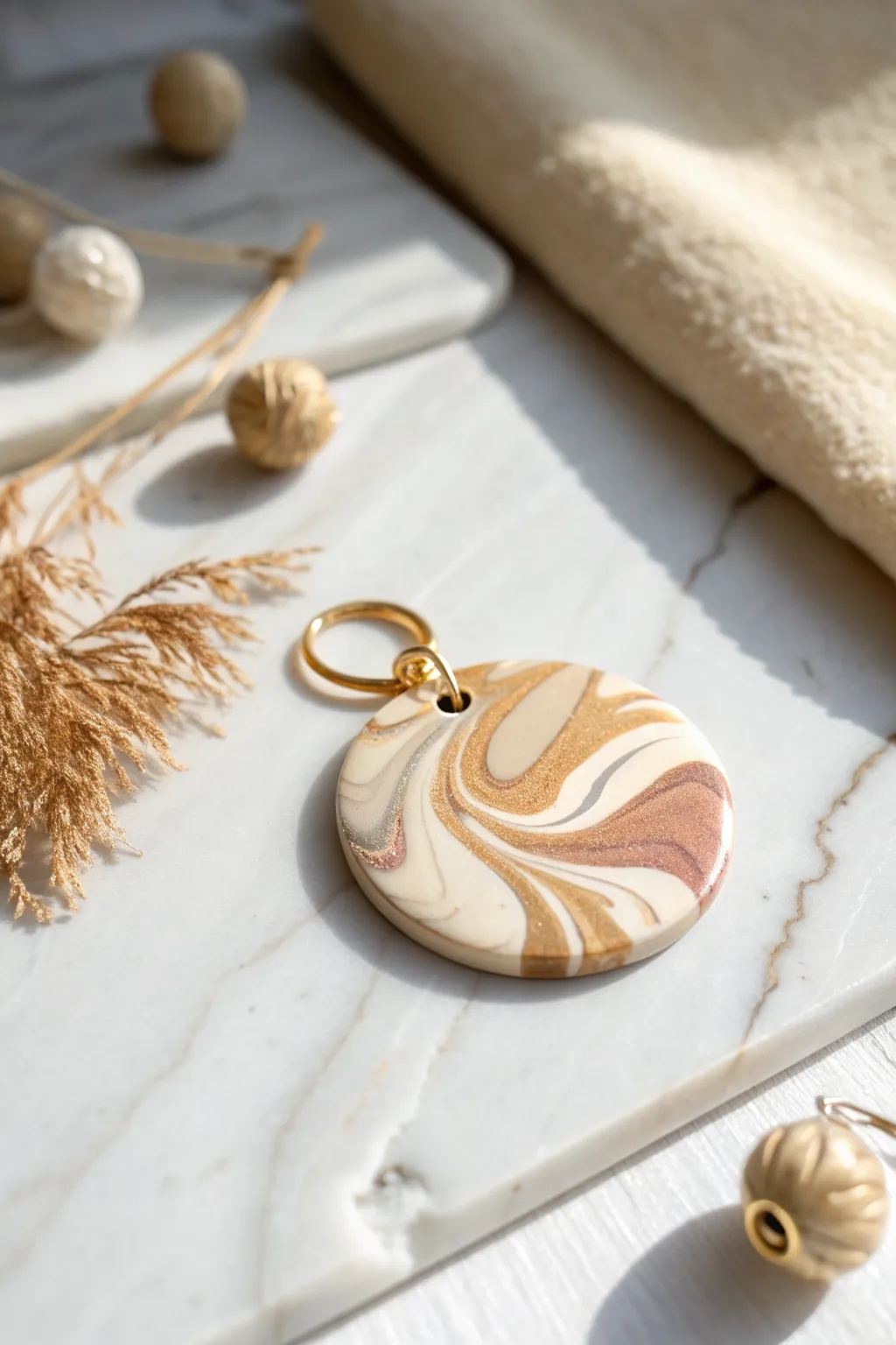 Neutral marbled oven-bake clay pendant charm with brass loop, styled simply on pale marble.