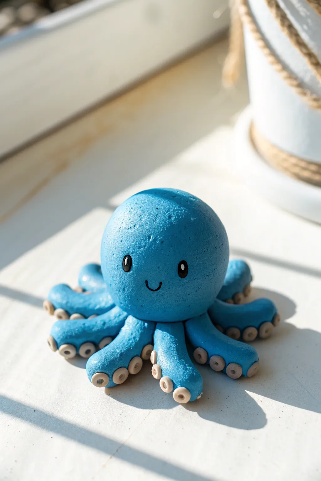Easy blue clay octopus with ball tentacles, cute face and clean minimalist Scandinavian styling