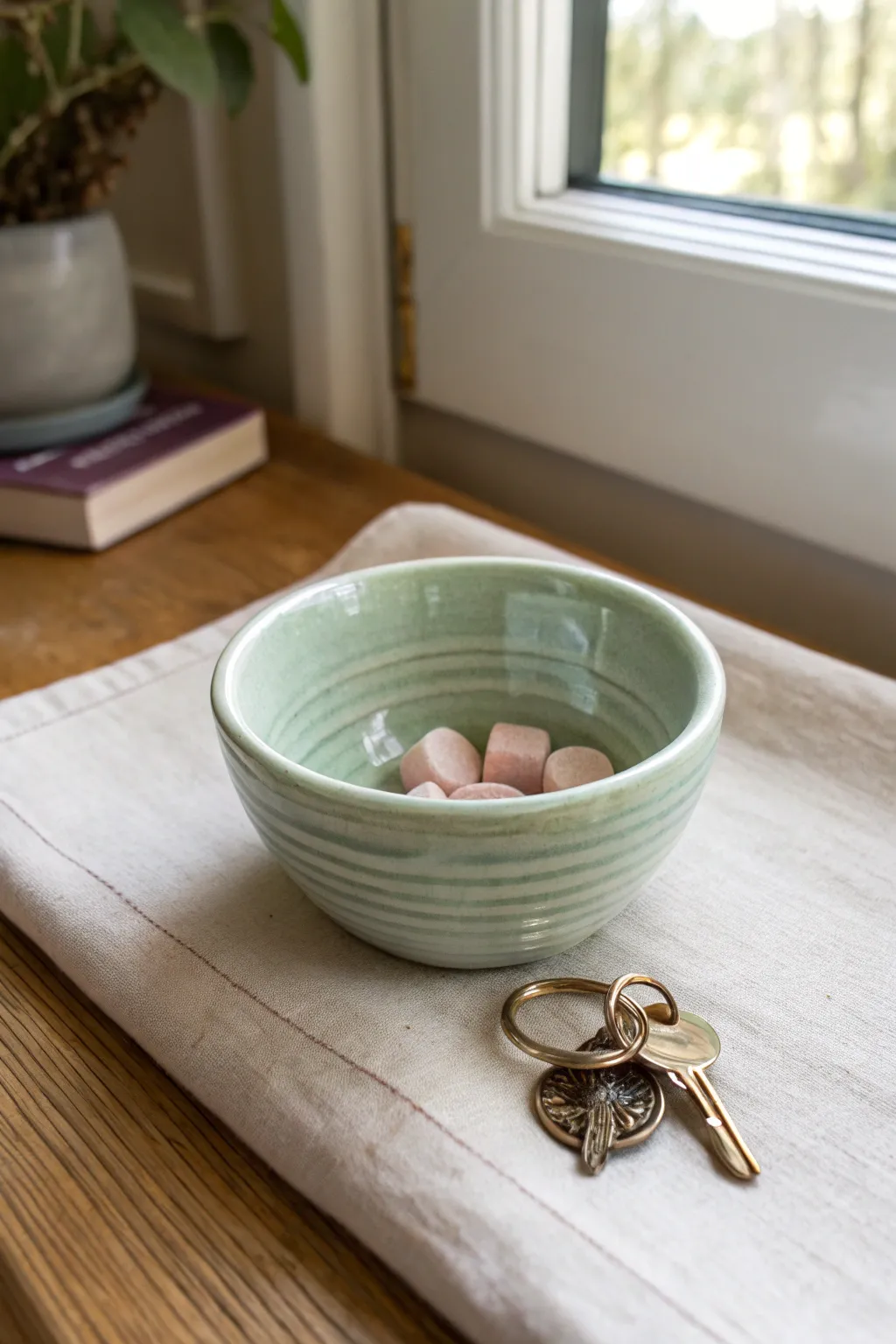 Simple coil-built mini bowl in a solid glaze, styled with keys for an easy handmade look.