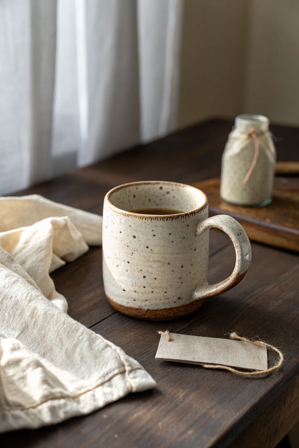 Wonky slab-built mug with a chunky strap handle, styled simply for cozy tea moments.