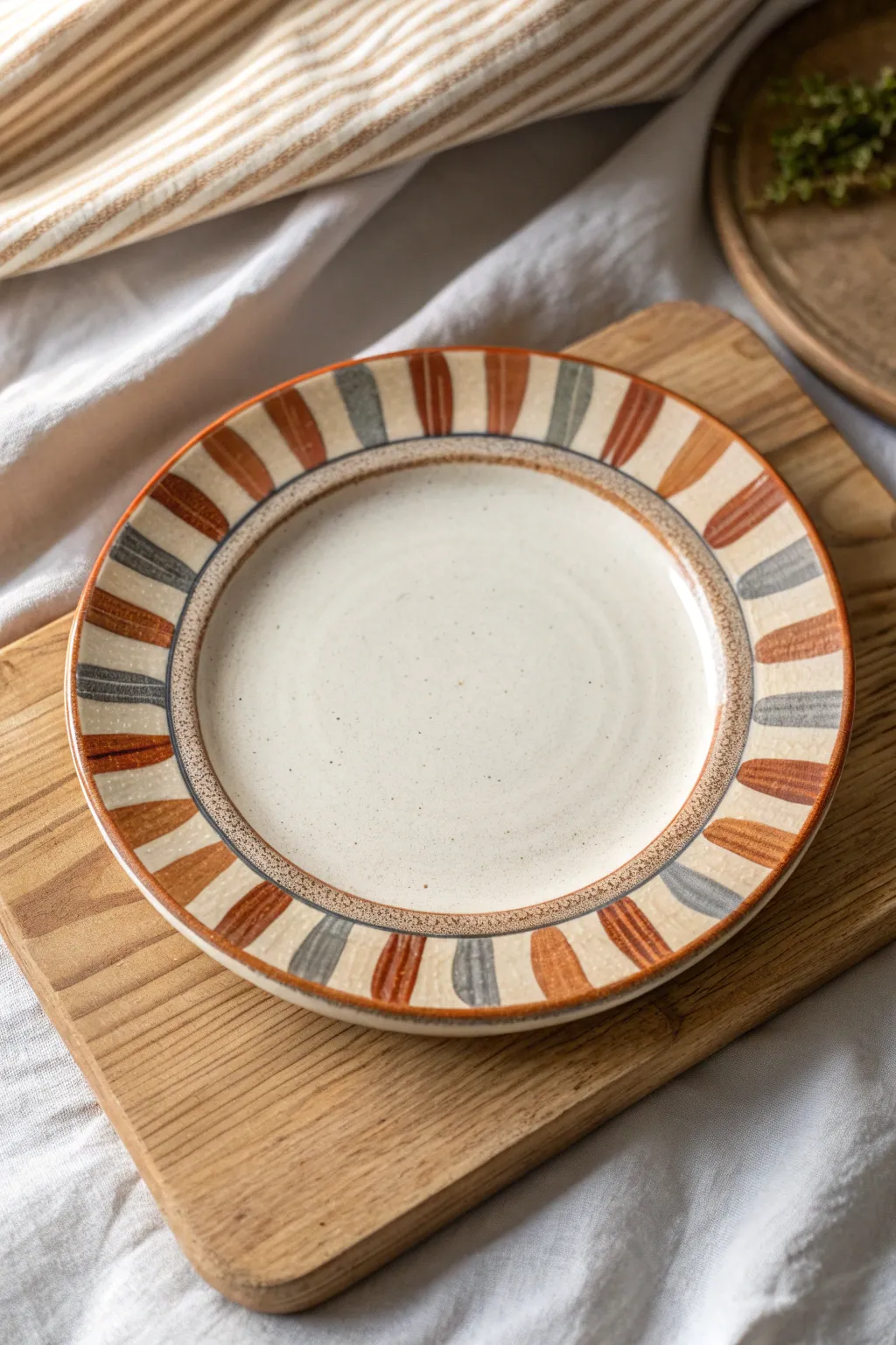 Modern beginner plate design: crisp rim stripes in earthy tones with a clean, minimal center.
