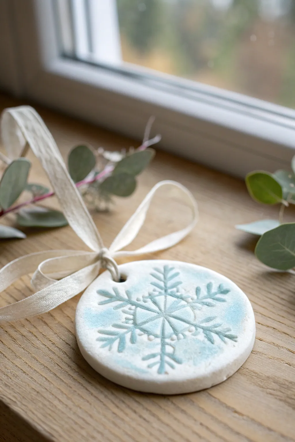 Stamped snowflake clay ornament with pale blue wash and a simple linen ribbon loop