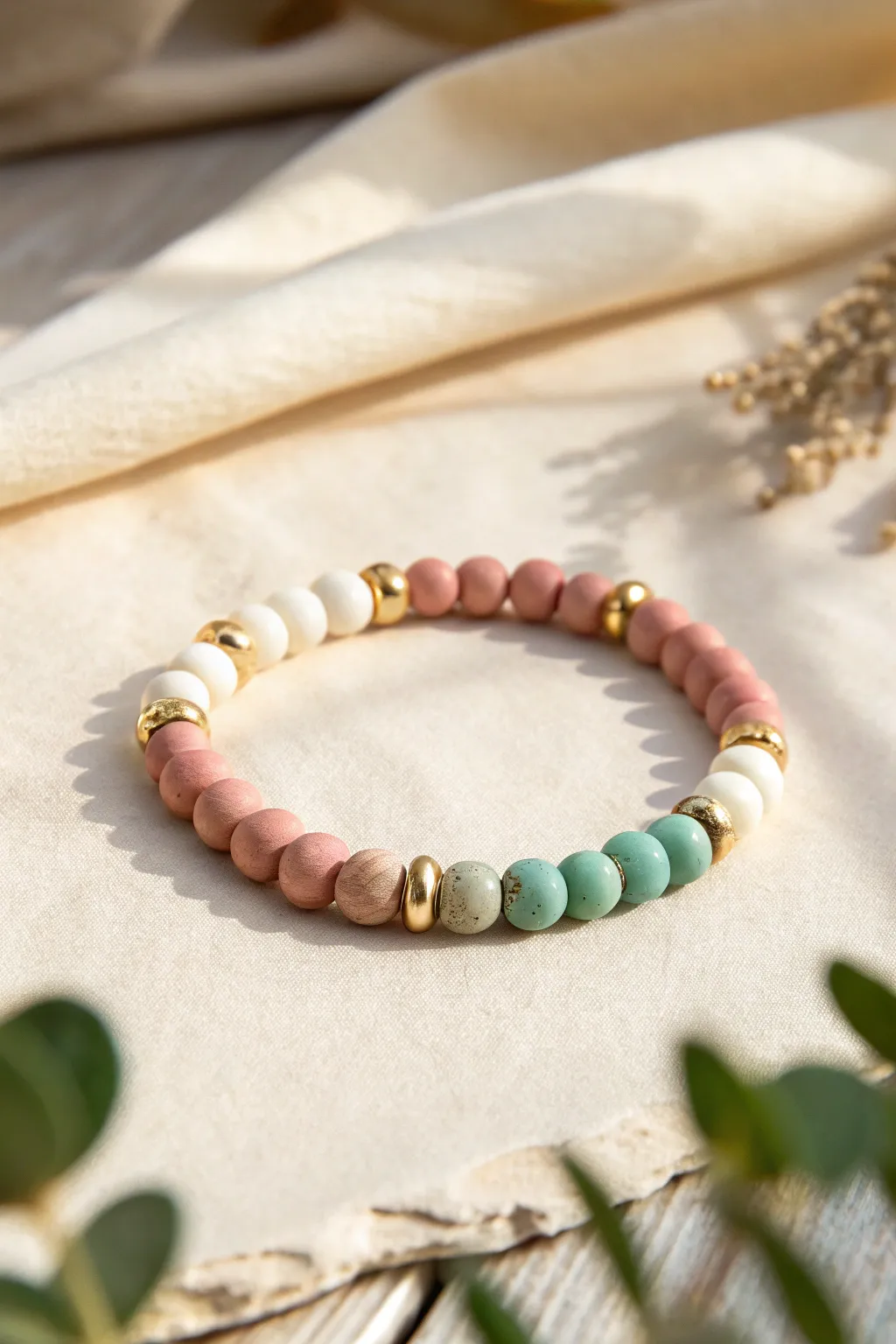Simple color-block clay bead bracelet in blush, white, and teal with tiny spacer beads.