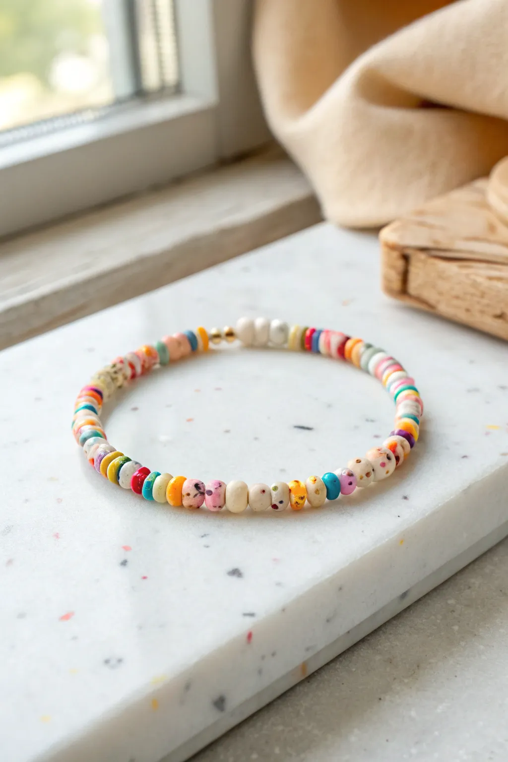 Playful confetti heishi bracelet in a bright rainbow mix, minimalist styling and happy vibes.
