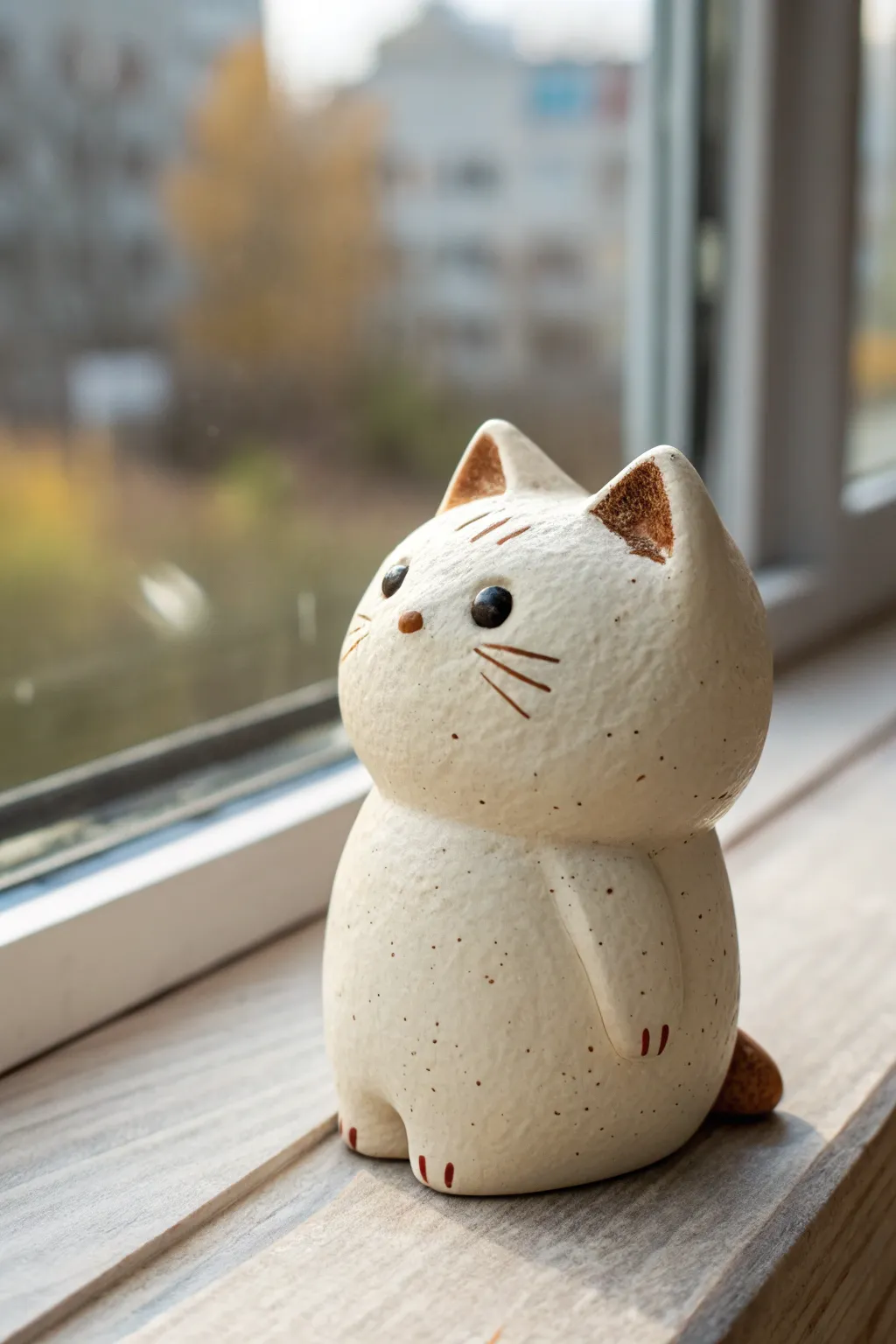 Chubby kitty clay bobblehead with a big wobbly head, minimalist Scandinavian charm and boho warmth