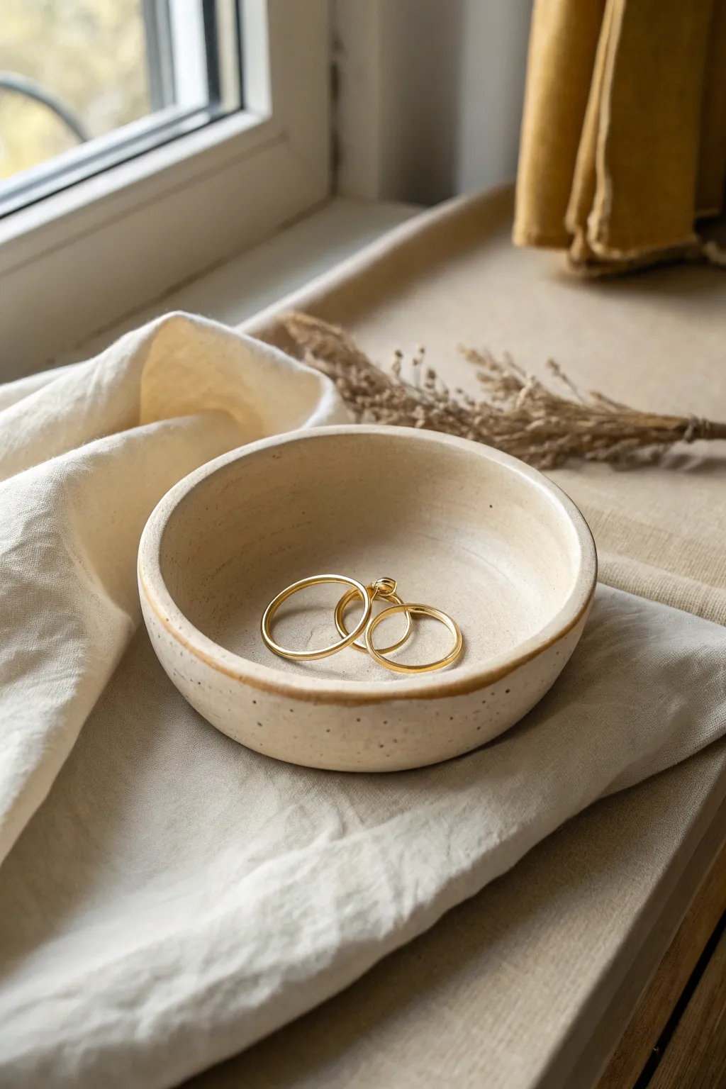 Minimal smooth trinket dish: a matte clay bowl with earrings, Scandinavian calm with boho warmth.