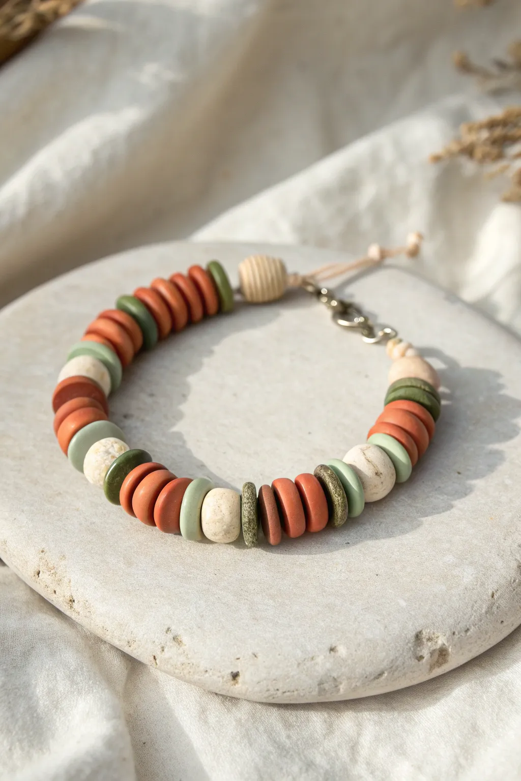 Classic color-blocked clay disc bracelet in terracotta, cream, and sage on a clean neutral backdrop