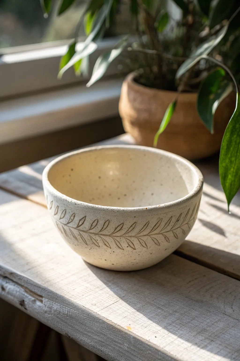 Simple leaf garland carving adds an easy, handmade detail to a minimalist matte bowl.