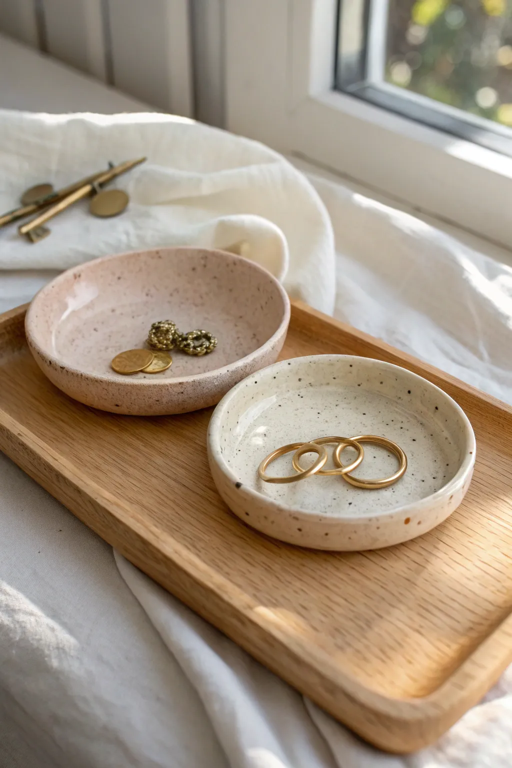 His-and-hers trinket dishes in matching neutrals, styled with rings and keys on warm wood.