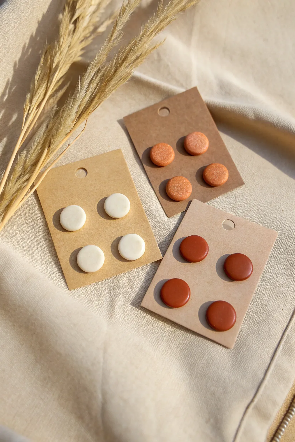 Minimal circle clay studs in cream and terracotta, neatly styled for an easy DIY look.