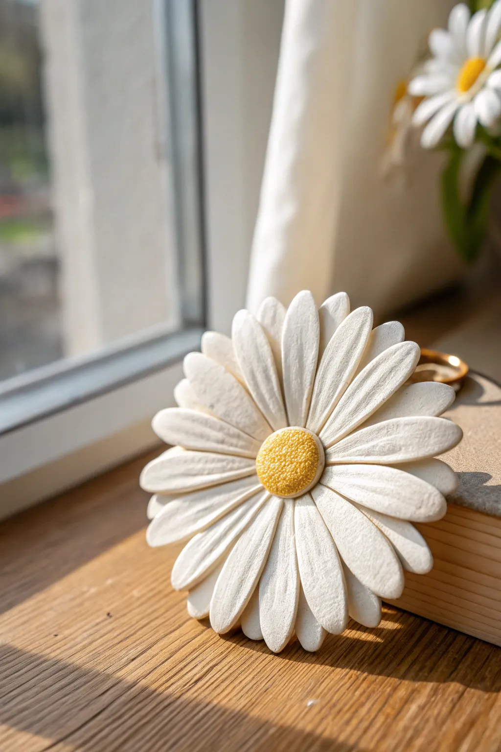 Bright white clay daisy with teardrop petals and a sunny center, simple, sweet, and handmade.