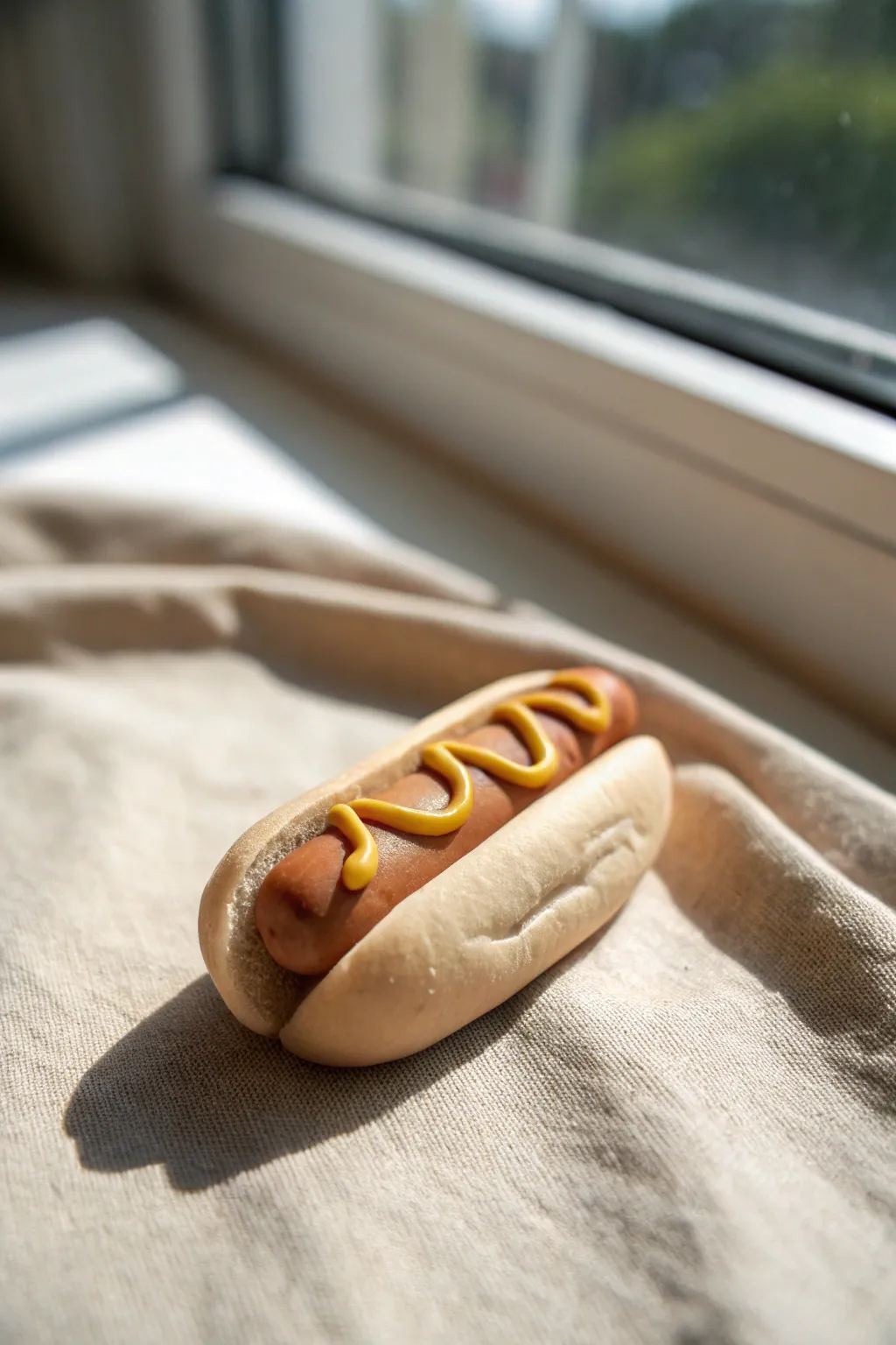 Tiny clay hot dog with a mustard swirl, an easy and adorable mini food idea to sculpt.
