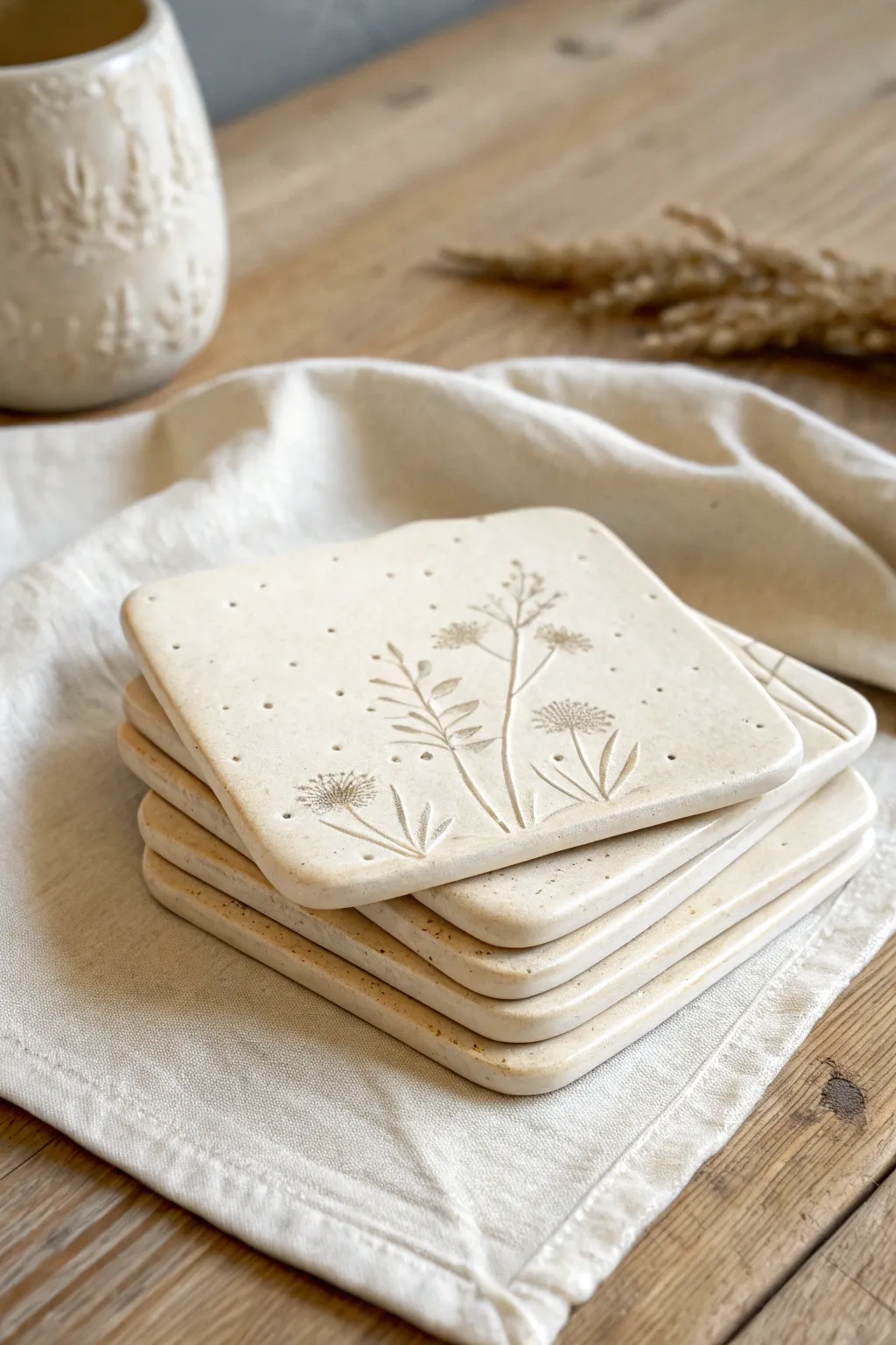 Minimalist stamped clay coasters stacked with a simple botanical texture, cozy and DIY friendly.