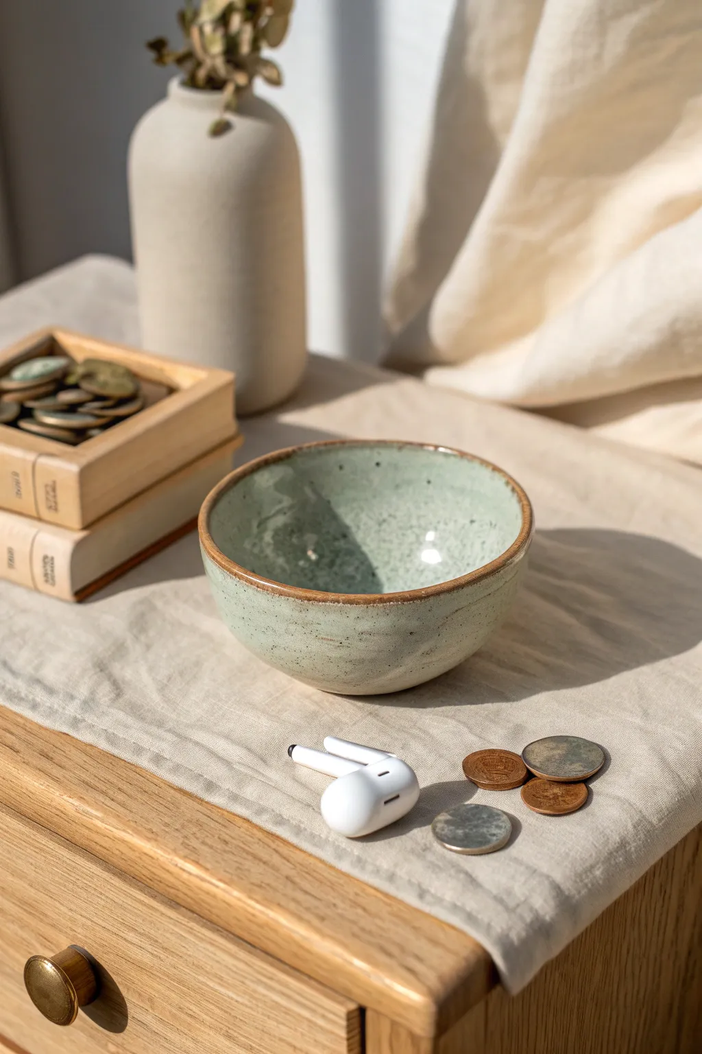 Minimal sage pinch-pot catchall on oak, perfectly imperfect for coins and earbuds
